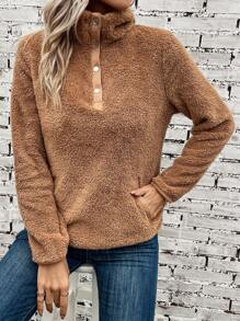 SHEIN LUNE 半排扣袋鼠口袋法蘭絨運動衫 - 卡其色 - 查看 1