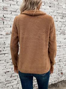 SHEIN LUNE 半排扣袋鼠口袋法蘭絨運動衫 - 卡其色 - 查看 2