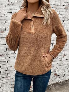 SHEIN LUNE 半排扣袋鼠口袋法蘭絨運動衫 - 卡其色 - 查看 6