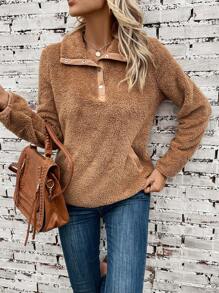 SHEIN LUNE 半排扣袋鼠口袋法蘭絨運動衫 - 卡其色 - 查看 4