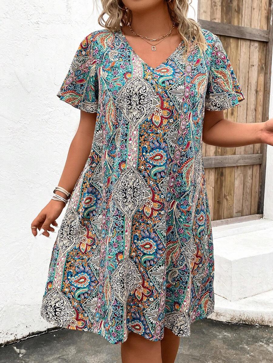 EMERY ROSE Vestido túnica de manga mariposa con estampado de paisley, verano - Multicolor - Ver 1