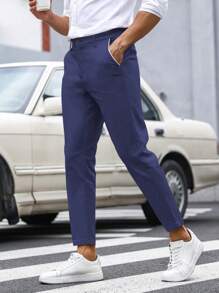 Manfinity Mode Men Solid Slant Pocket Suit Trousers - Navy Blue - View 3