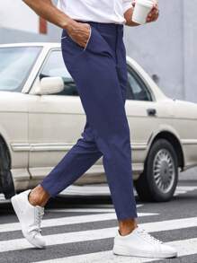 Manfinity Mode Men Solid Slant Pocket Suit Trousers - Navy Blue - View 5