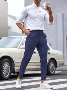 Manfinity Mode Men Solid Slant Pocket Suit Trousers - Navy Blue - View 6