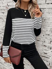 SHEIN LUNE Striped Print Colourblock Tee - Black and White - View 1