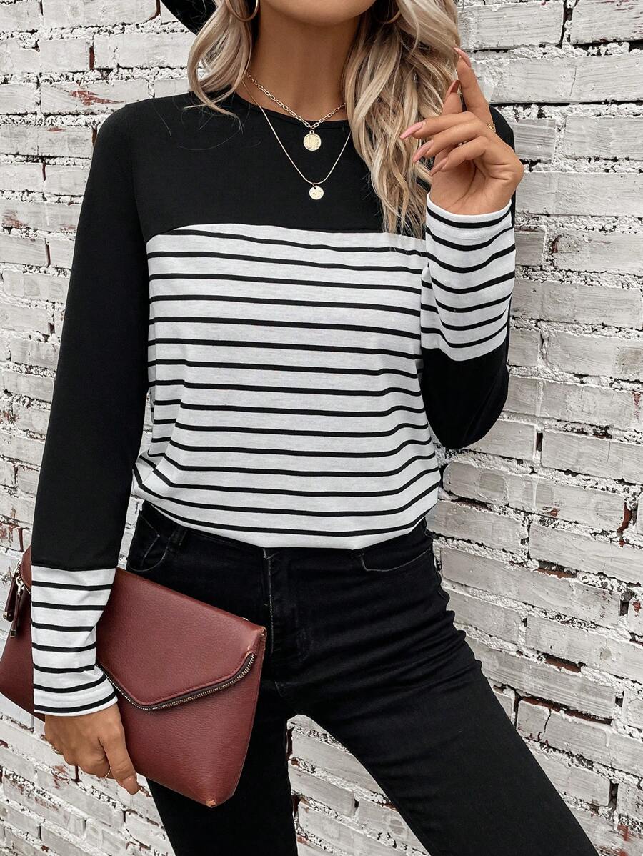 SHEIN LUNE Striped Print Colourblock Tee - Black and White - View 1