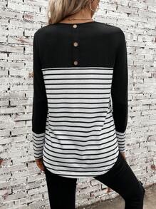 SHEIN LUNE Striped Print Colourblock Tee - Black and White - View 2