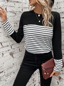 SHEIN LUNE Striped Print Colourblock Tee - Black and White - View 3