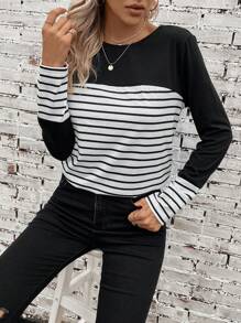 SHEIN LUNE Striped Print Colourblock Tee - Black and White - View 4