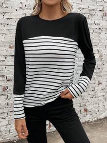 SHEIN LUNE Striped Print Colourblock Tee - Black and White - View 6