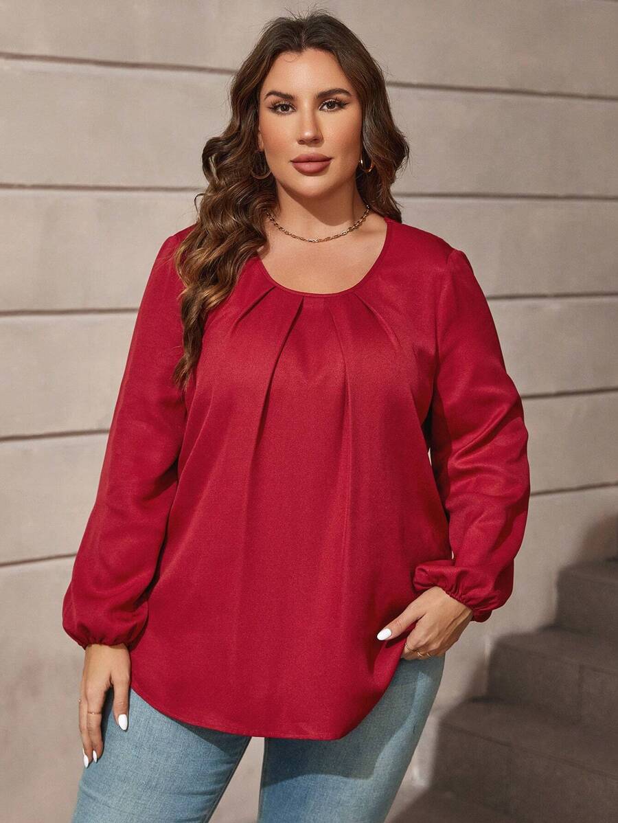 SHEIN Clasi Plus Solid Lantern Sleeve Plicated Detail Tee - Burgundy - View 1