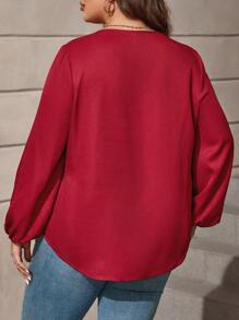 SHEIN Clasi Plus Solid Lantern Sleeve Plicated Detail Tee - Burgundy - View 2