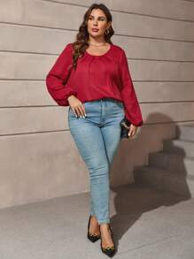 SHEIN Clasi Plus Solid Lantern Sleeve Plicated Detail Tee - Burgundy - View 4