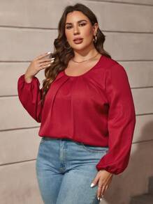 SHEIN Clasi Plus Solid Lantern Sleeve Plicated Detail Tee - Burgundy - View 5