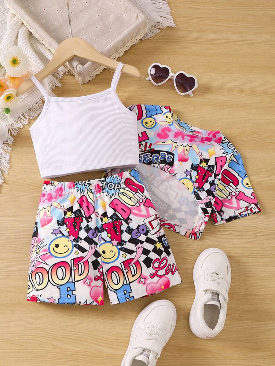 SHEIN 女小童素色吊帶上衣&卡通圖案短褲&T恤 - 彩色 - 查看 1
