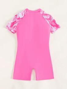 Tween Girl Floral Print Zipper Front One Piece Swimsuit - Pink - View 2