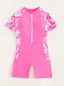 Tween Girl Floral Print Zipper Front One Piece Swimsuit - Pink - View 5