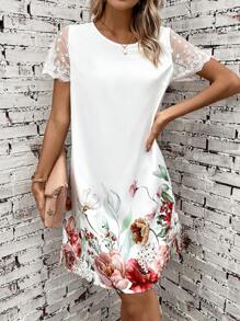 SHEIN LUNE Floral Print Contrast Mesh Sleeve Tunic Dress - White - View 2