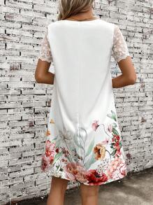 SHEIN LUNE Floral Print Contrast Mesh Sleeve Tunic Dress - White - View 3