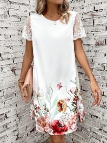 SHEIN LUNE Floral Print Contrast Mesh Sleeve Tunic Dress - White - View 7
