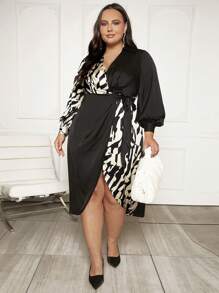 SHEIN Privé Plus 1pc Graphic Print Lantern Sleeve Wrap Hem Dress - Multicolor - View 6