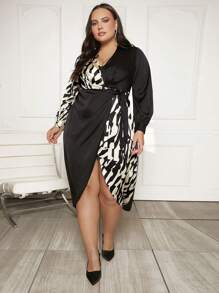 SHEIN Privé Plus 1pc Graphic Print Lantern Sleeve Wrap Hem Dress - Multicolor - View 7
