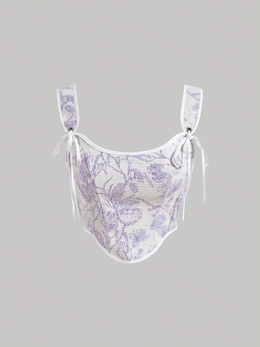 SHEIN MOD 印花前打結寬背帶上衣 - 彩色 - 查看 1