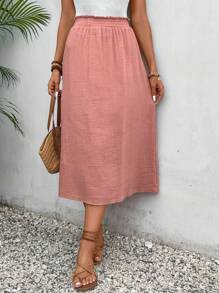 SHEIN Frenchy Cotton Solid Elastic Waist A-Line Skirt,Commute,Minimalist,Office,Old Money,Simple Winter Pink Casual Spring - Dusty Pink - View 6