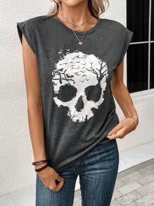 SHEIN LUNE Skull Print Batwing Sleeve Tee Graphic T Shirt