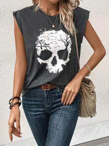 SHEIN LUNE Skull Print Batwing Sleeve Tee Graphic T Shirt
