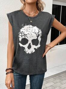 SHEIN LUNE Skull Print Batwing Sleeve Tee Graphic T Shirt