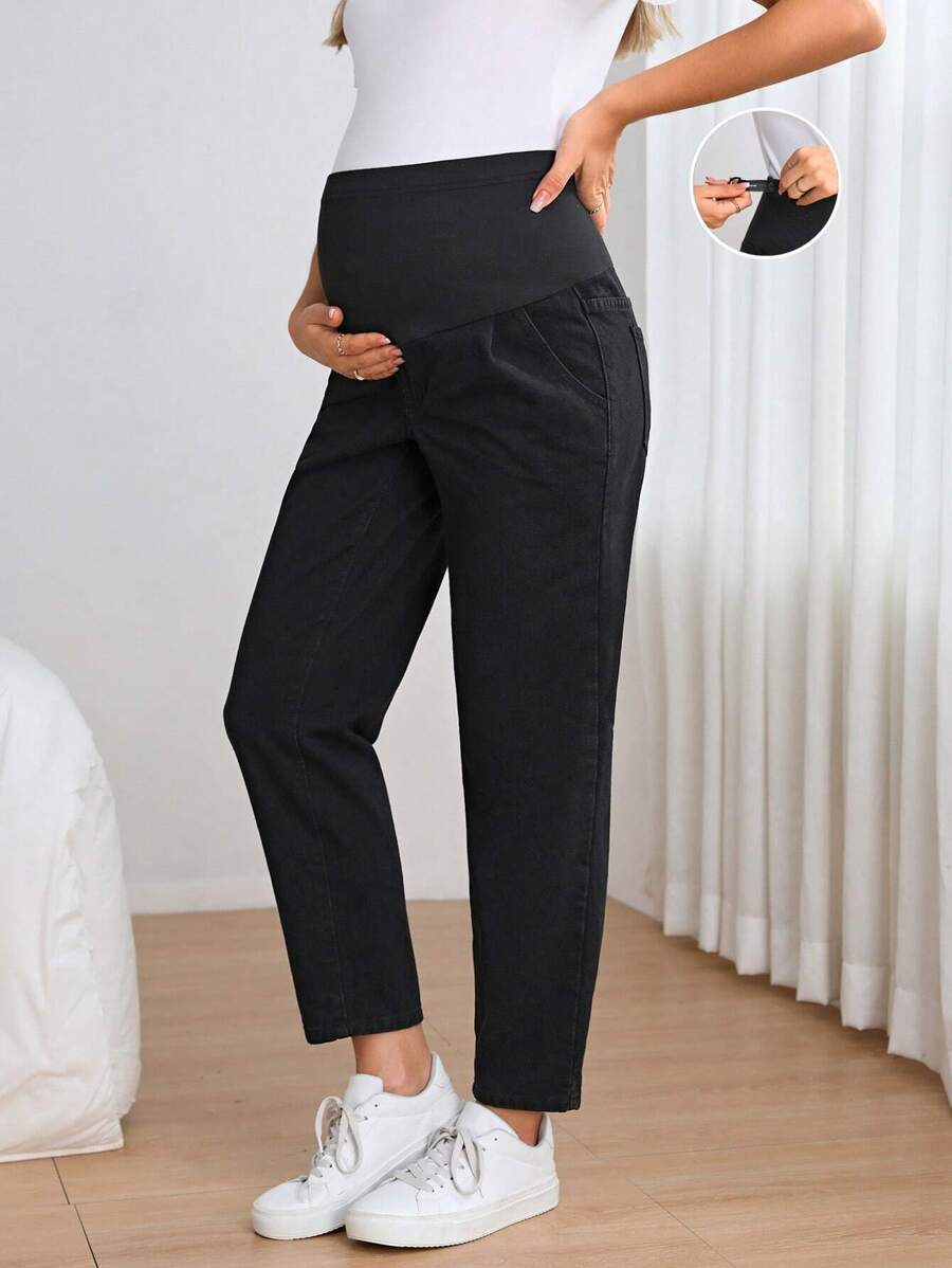 SHEIN Maternity Wide Waistband Carrot Jeans - Black - View 1