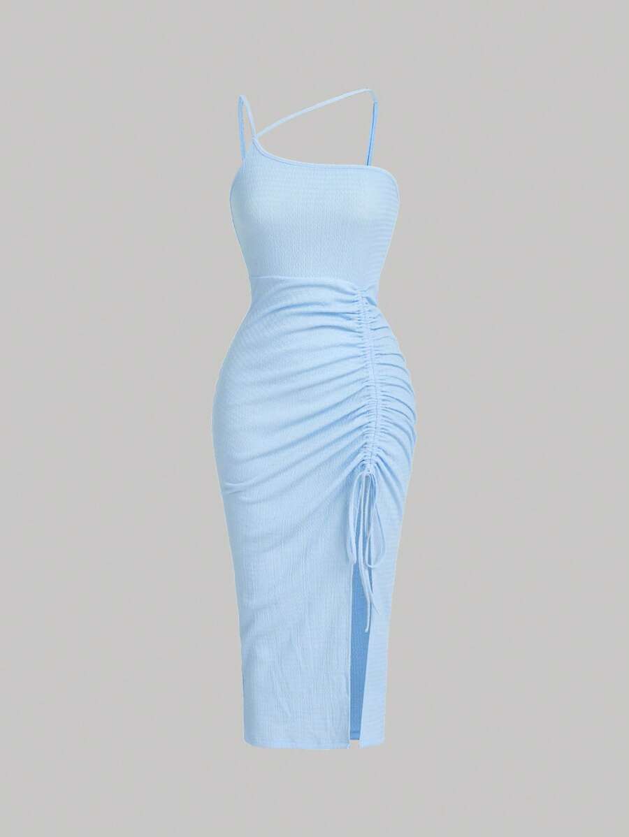 SHEIN MOD Đầm Bất đối xứng Dây kéo Xù Tách cao màu trơn Thanh lịch - Màu xanh nhạt - Xem 1