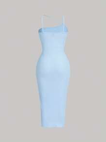 SHEIN MOD Đầm Bất đối xứng Dây kéo Xù Tách cao màu trơn Thanh lịch - Màu xanh nhạt - Xem 2