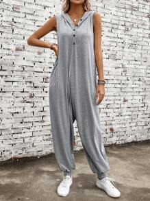 SHEIN LUNE Button Front Hooded Tank Jumpsuit - Light Grey - View 1
