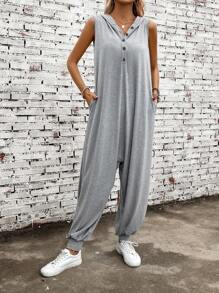 SHEIN LUNE Button Front Hooded Tank Jumpsuit - Light Grey - View 3