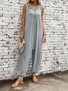 SHEIN LUNE Button Front Hooded Tank Jumpsuit - Light Grey - View 4