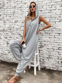 SHEIN LUNE Button Front Hooded Tank Jumpsuit - Light Grey - View 6