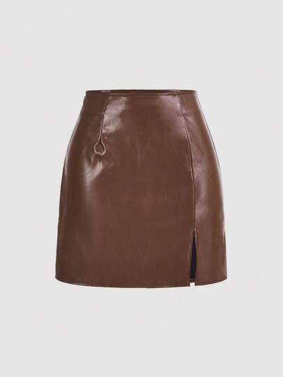 SHEIN ICON Solid Fashion Split Hem PU Leather Mini Skirt