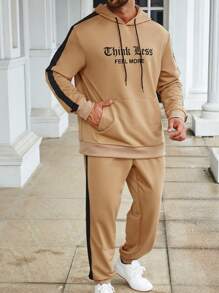 Manfinity Campus Court Men Plus Letter Graphic Contrast Side Seam Drawstring Hoodie & Sweatpants