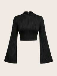 SHEIN MOD Textured Mock Neck Keyhole Back Flounce Sleeve Black Bell Sleeves Tee