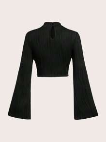 SHEIN MOD Textured Mock Neck Keyhole Back Flounce Sleeve Black Bell Sleeves Tee - Black - View 2