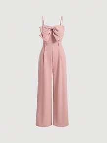 SHEIN MOD Áo liền quần nữ Dây kéo Nơ trước màu trơn Thanh lịch - Màu Hồng  San hô - Xem 1