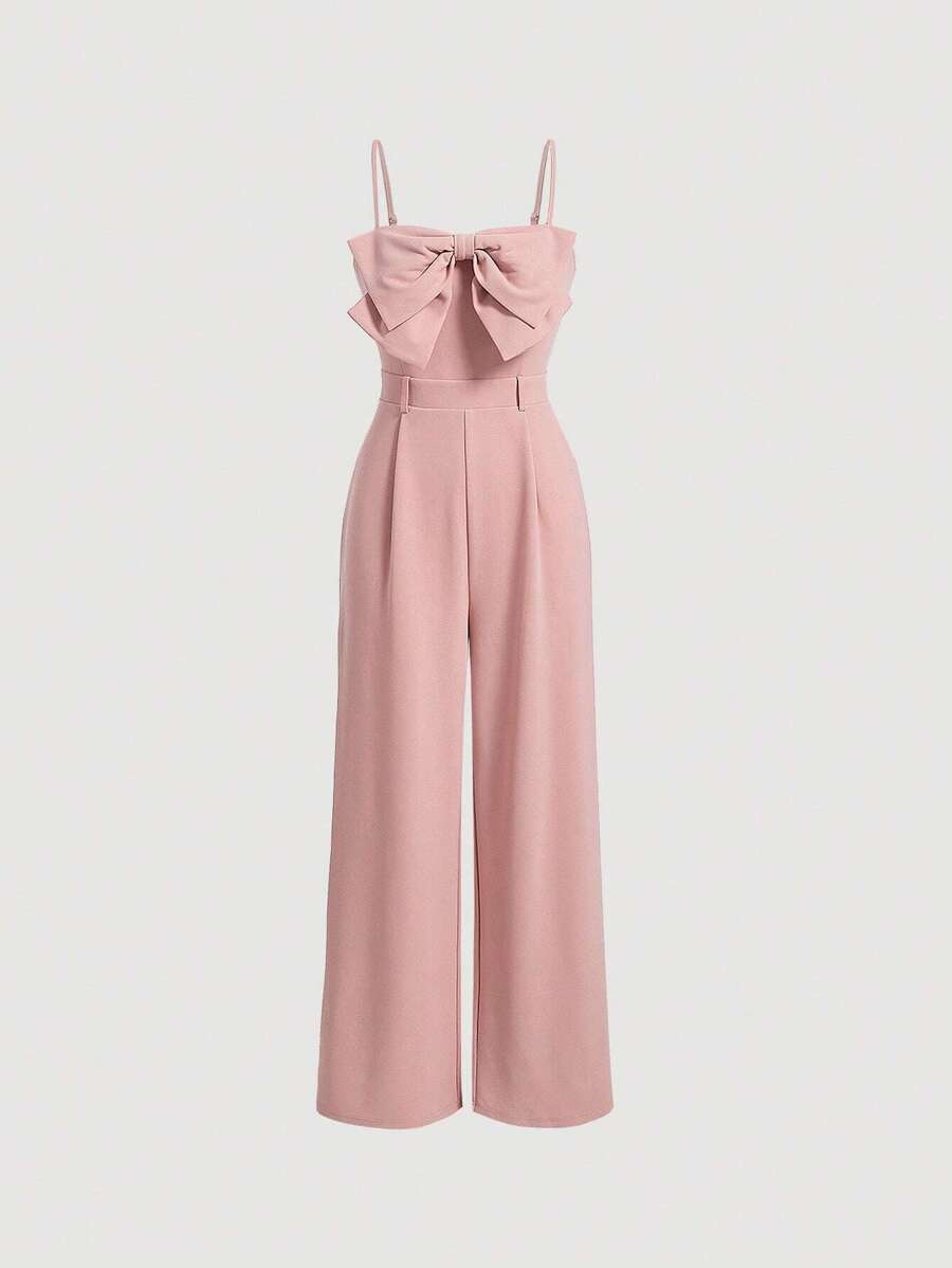 SHEIN MOD Áo liền quần nữ Dây kéo Nơ trước màu trơn Thanh lịch - Màu Hồng  San hô - Xem 1