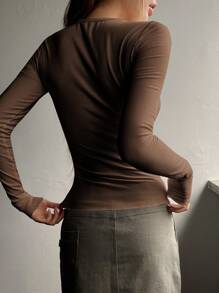 DAZY Geribbeld gebreid slim fit T-shirt met halve knoop, herfstkleding voor dames