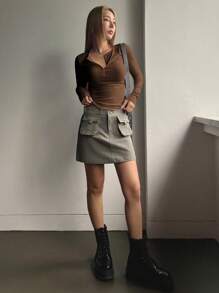 DAZY Geribbeld gebreid slim fit T-shirt met halve knoop, herfstkleding voor dames