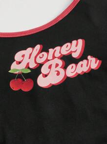 SHEIN MOD 櫻桃和字母圖案撞色滾邊吊帶上衣 - 黑色 - 查看 3
