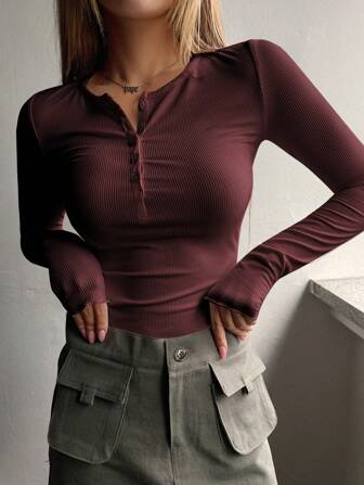 DAZY Half Button Ribbed Knit Tee,Fall Clothes Long Sleeve Women Tops