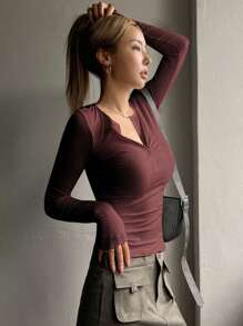 DAZY 半扣罗纹针织 T 恤，秋季服装长袖女式上衣