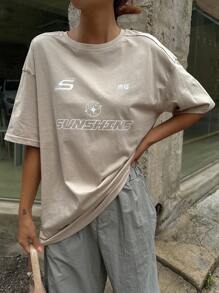 DAZY 字母图案落肩T恤 针织宽松T恤 学院风上衣 - 卡其色 - 查看 1